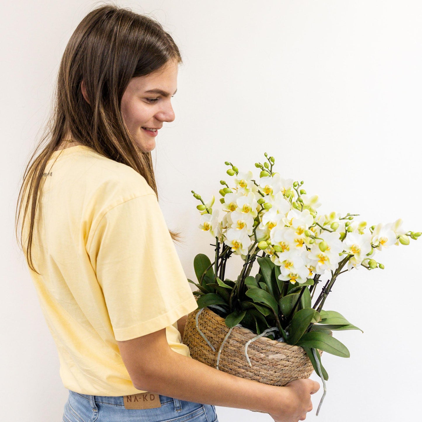 Kolibri Orchids | weißes Pflanzenset im Baumwollkorb inkl. Wassertank | drei weiße Orchideen Lausanne 9cm und drei Grünpflanzen | Dschungelstrauß weiß mit autarkem Wassertank