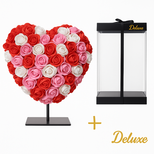 Herz DELUXE auf Ständer 25 cm – Gemischter roter, rosa und weißer Schaum – in luxuriöser Geschenkverpackung 25 cm
