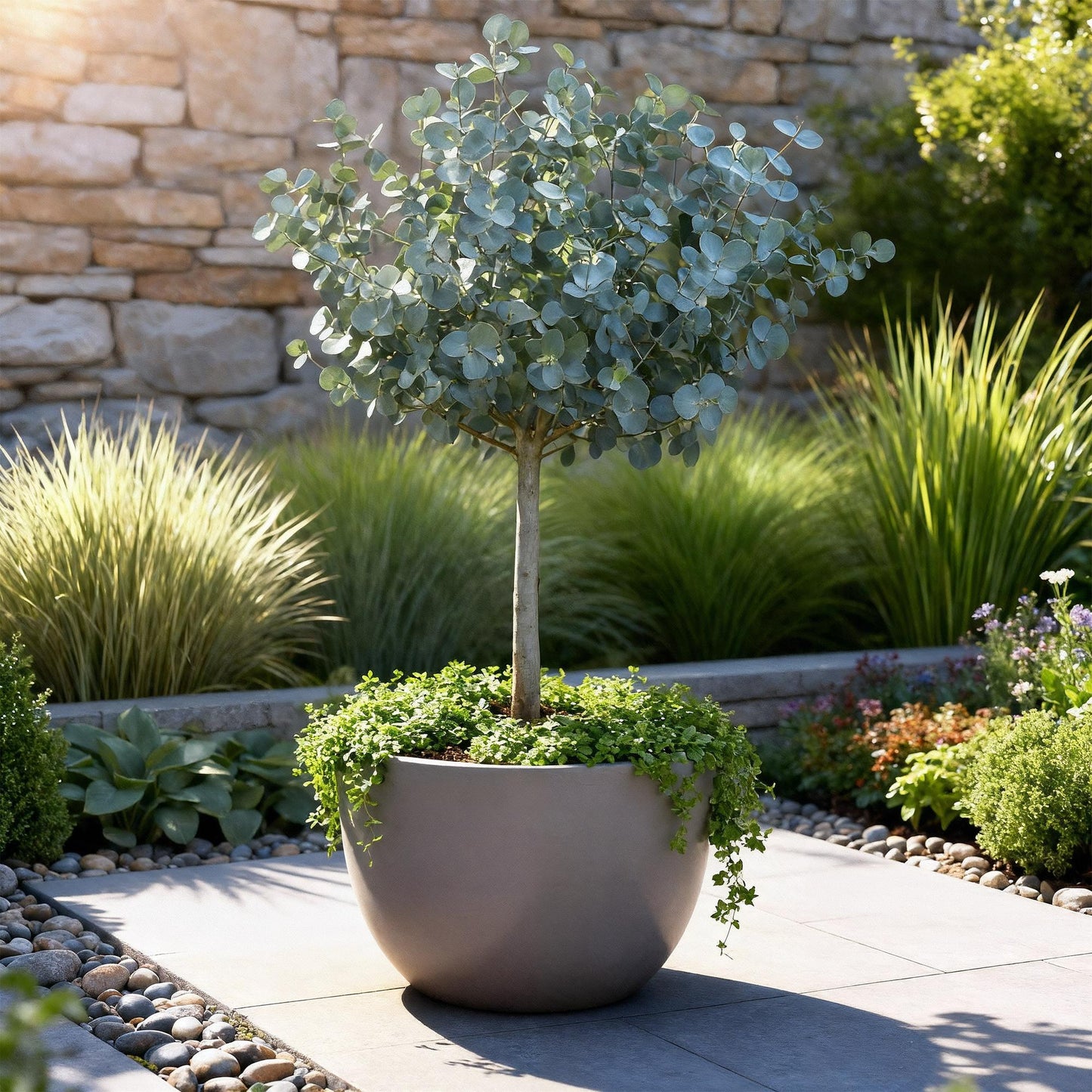 GreenboutiQ - Pflanzen auf Stamm - Eucalyptus gunni Azure - Terrassenpflanze - Immergrün - Winterhart - Graues Blatt - Topf 19 cm Höhe 90 cm