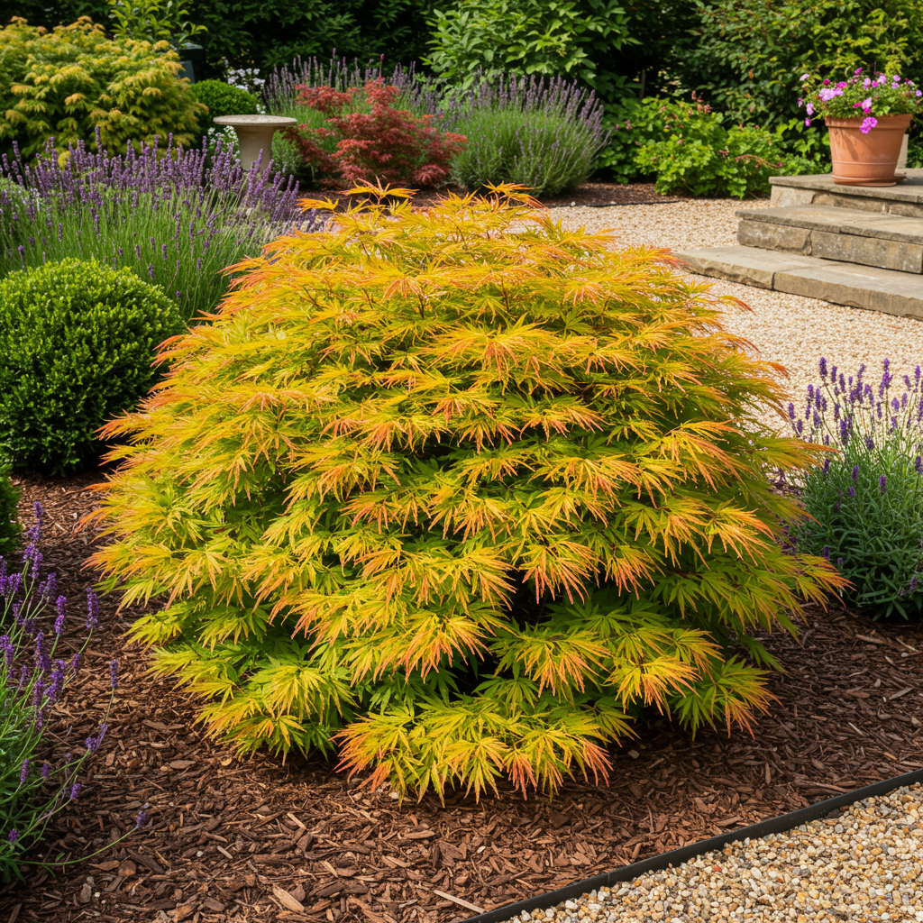 GreenboutiQ - Balkonpflanze - Japanischer Ahorn - Acer palmatum Summergold - Gelb - 1 Pflanze - Laubabwerfend - Topf 19cm Höhe 70cm