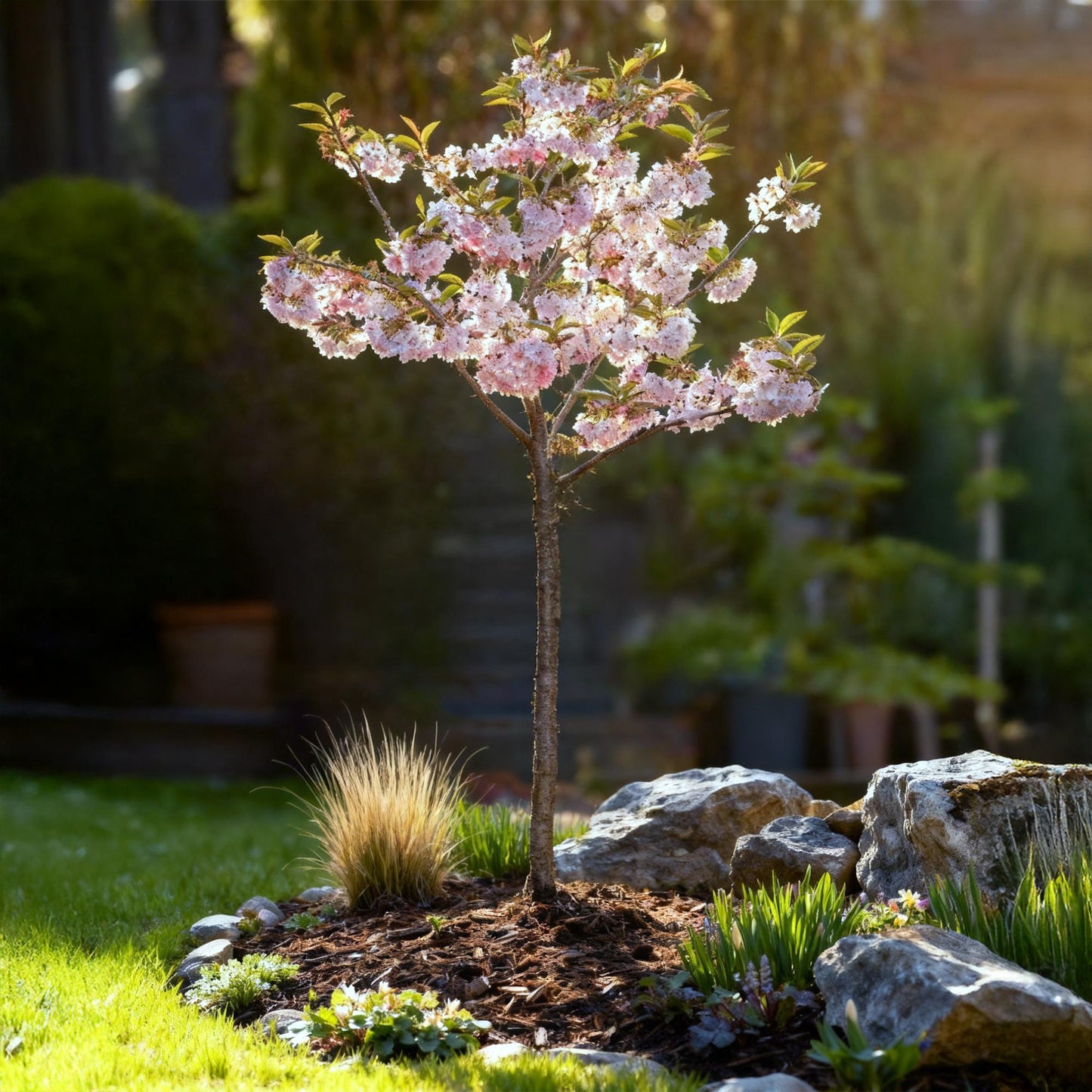 GreenboutiQ - Stamm Pflanze - Prunus incisa Koujou-no-mai - Terrassen Pflanze - Laubabwerfend - Winterhart - Weiße Blüte - Topf 19cm Höhe 90cm