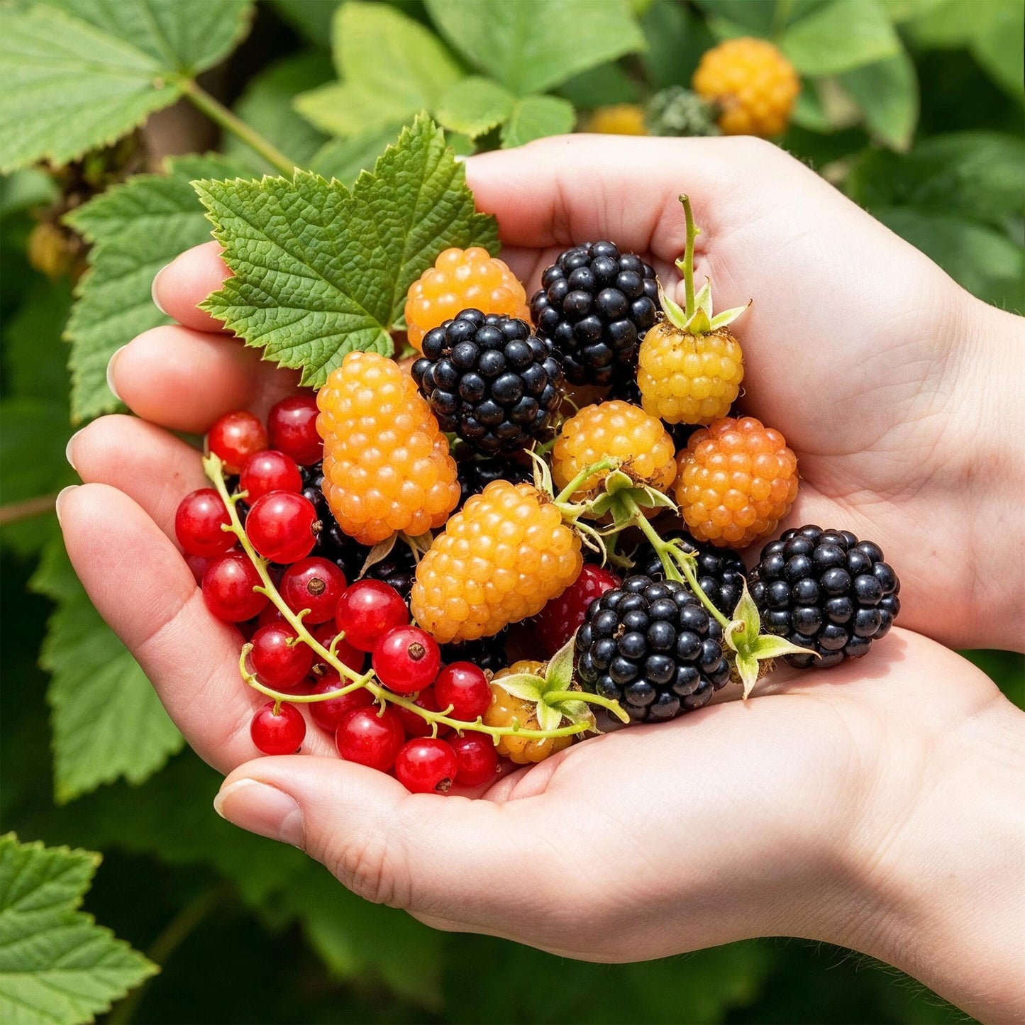GreenboutiQ - Obstpflanzen - Tricolour - Rote Johannisbeere - Gelbe Himbeere - Schwarze Brombeere - Winterhart - 3 Pflanzen - Topf 9cm