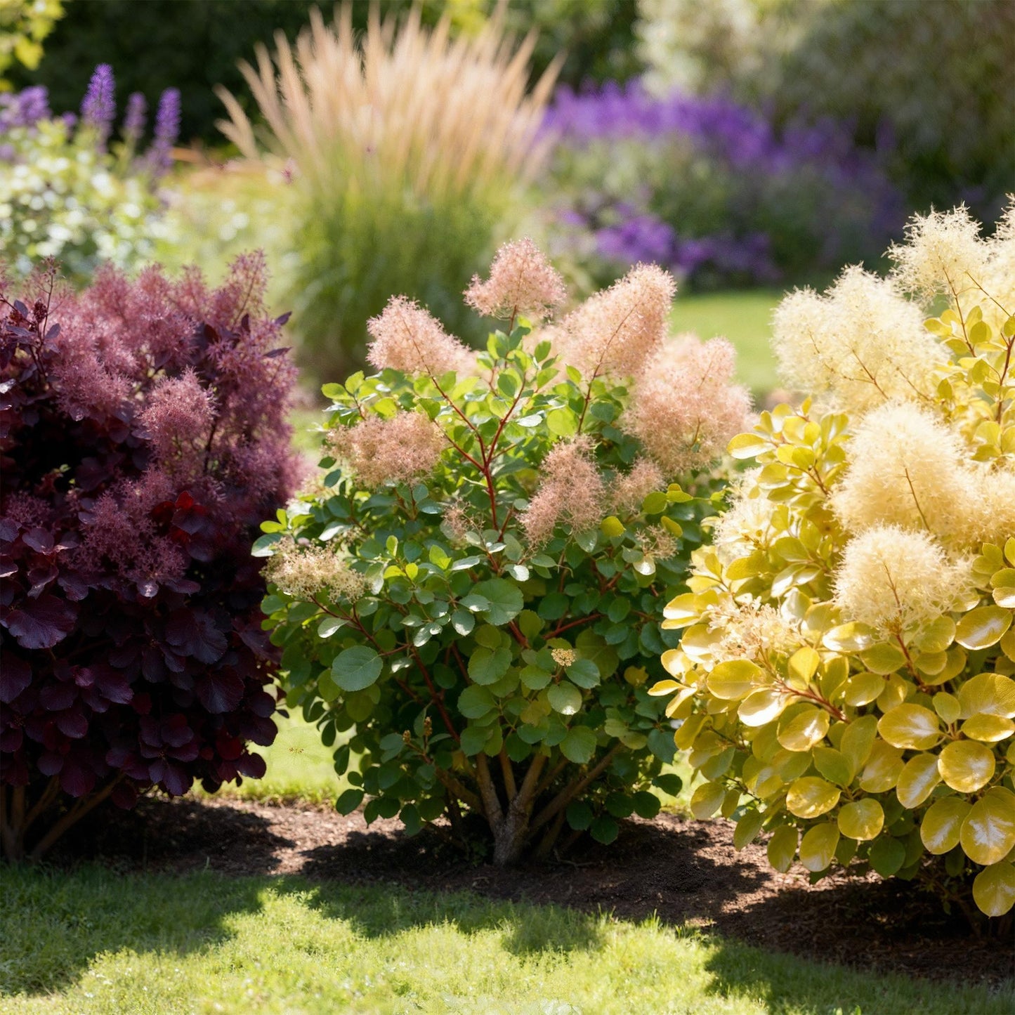 GreenboutiQ - Gartenpflanze - Cotinus coggyria Tricolour - Lila-Grün-Gelb - 3 Pflanzen - Laubabwerfend - Wenig Pflege - Topf 12cm Höhe 35cm