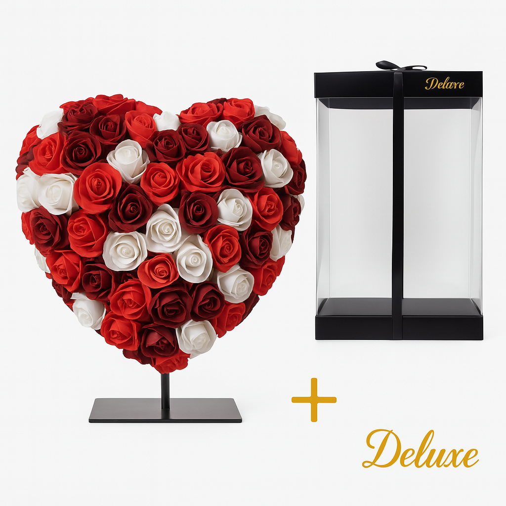 Herz DELUXE auf Ständer 25 cm – Gemischter roter, bordeauxfarbener und weißer Schaum – in luxuriöser Geschenkverpackung 25 cm