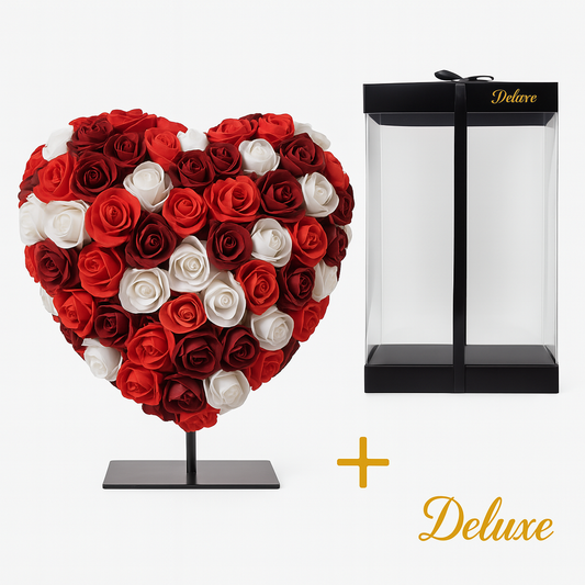Herz DELUXE auf Ständer 25 cm – Gemischter roter, bordeauxfarbener und weißer Schaum – in luxuriöser Geschenkverpackung 25 cm