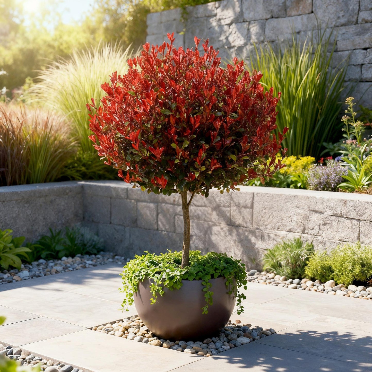 GreenboutiQ - Stamm Pflanze - Photinia fraseri Little Red Robin - Terrassenpflanze - Immergrün - Winterhart - Grün-Rotes Blatt - Topf 19cm Höhe 90cm