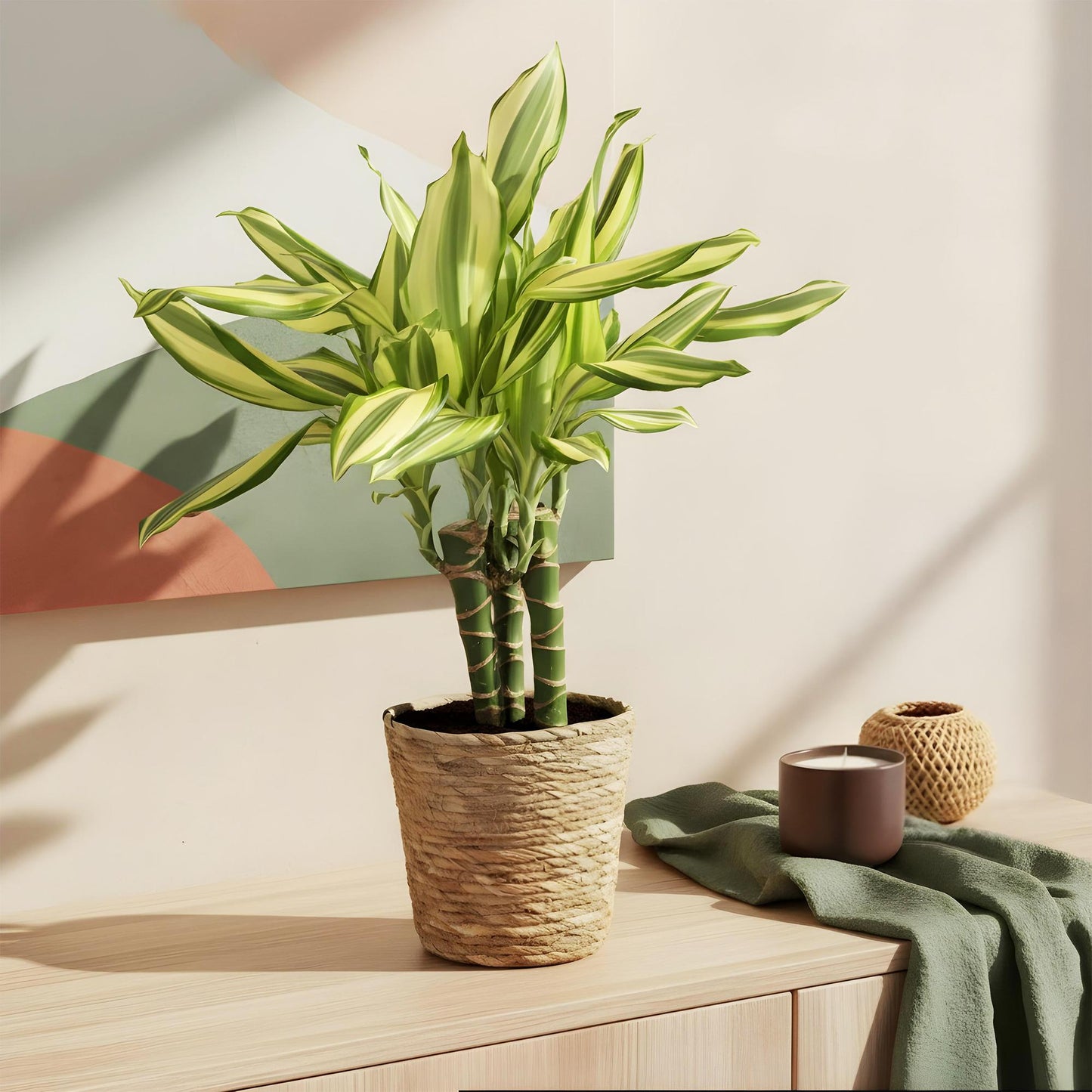 Green boutiQ - Zimmerpflanzen - Dracaena fragrans Diamond Dream - Drachenbaum - Wenig Pflege - mit Korb - Bunt - 2 Pflanzen - Topf 17cm - Höhe 50-55cm
