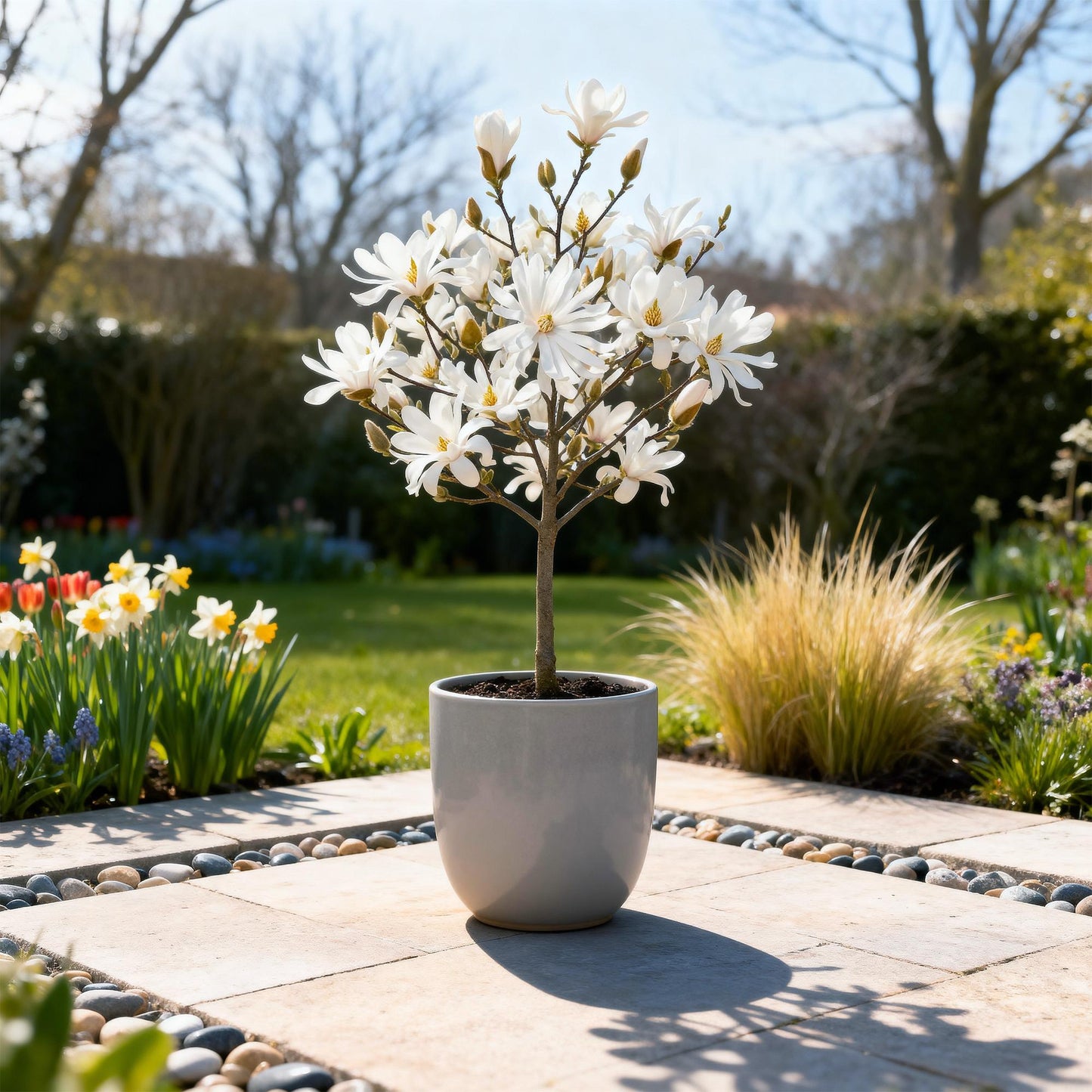 GreenboutiQ - Stamm Pflanze - Magnolia stellata - Terrassenpflanze - Laubabwerfend - Winterhart - Weiße Blüte - Topf 19cm Höhe 90cm