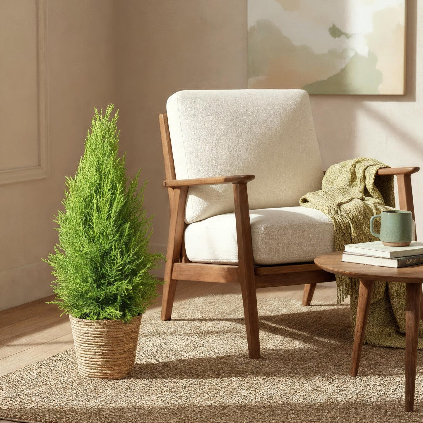 Green boutiQ - Zimmerpflanzen - Cupressus Gold Crest Wilma - Zimmerkonifere - Wenig Pflege - mit Korb - Grün - 1 Pflanze - Topf 21cm - Höhe 85-95cm