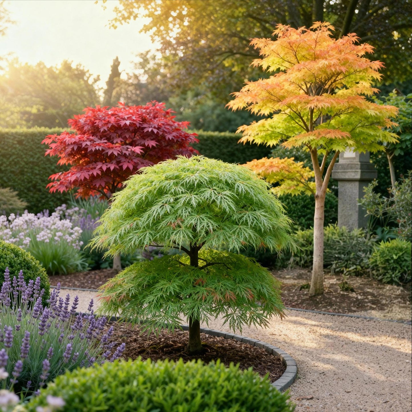 GreenboutiQ - Gartenpflanze - Acer palmatum Tricolour - Rot-Grün-Orange - 3 Pflanzen - Laubabwerfend - Wenig Pflege - Topf 12cm Höhe 35cm
