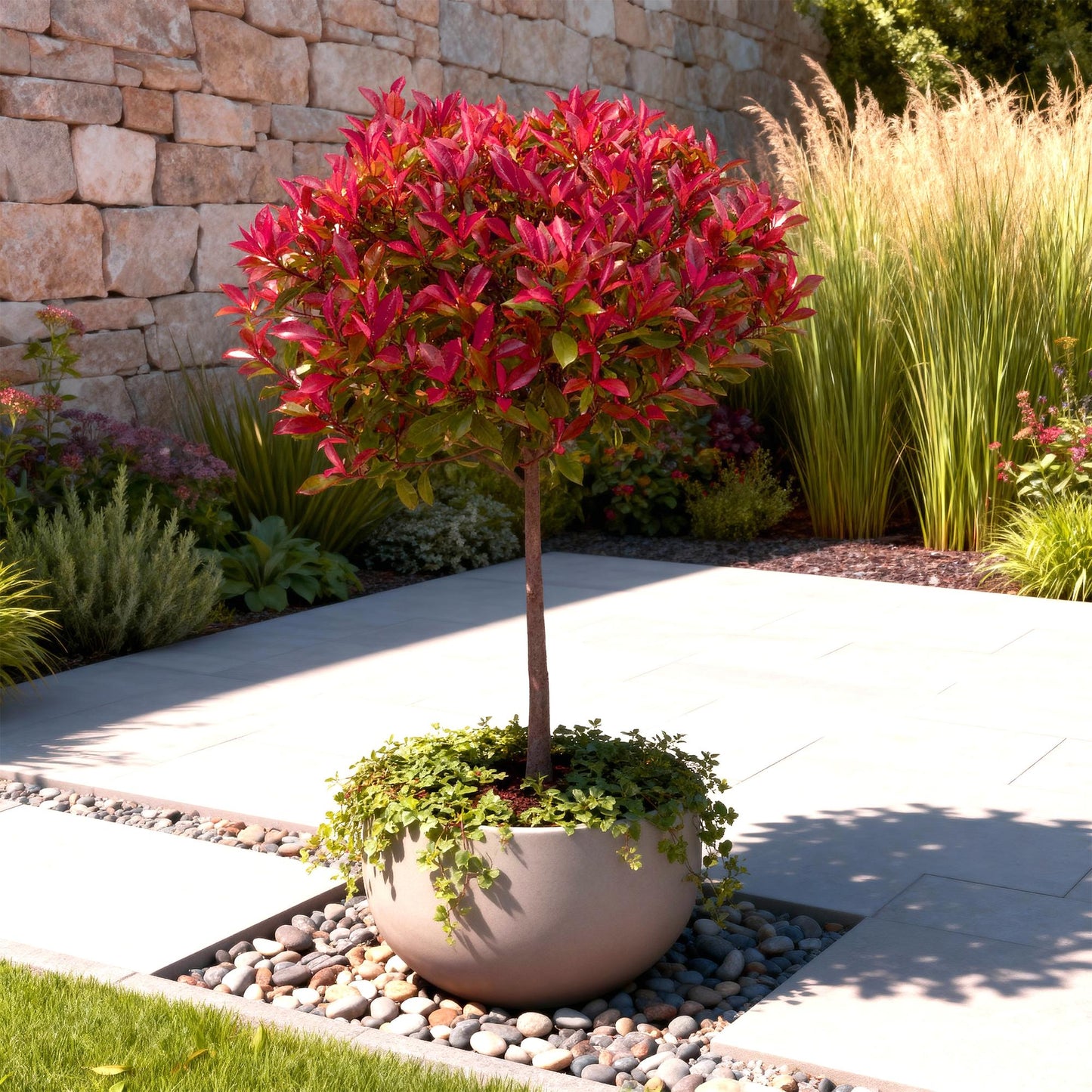 GreenboutiQ - Pflanze auf Stamm - Photinia fraseri Carre Rouge - Terrassenpflanze - Immergrün - Winterhart - Grün-Rotes Blatt - Topf 19cm Höhe 90cm